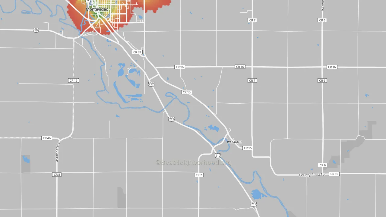 Walk Grade map of Wegdahl, MN, walkable areas in green and car-dependent areas in red