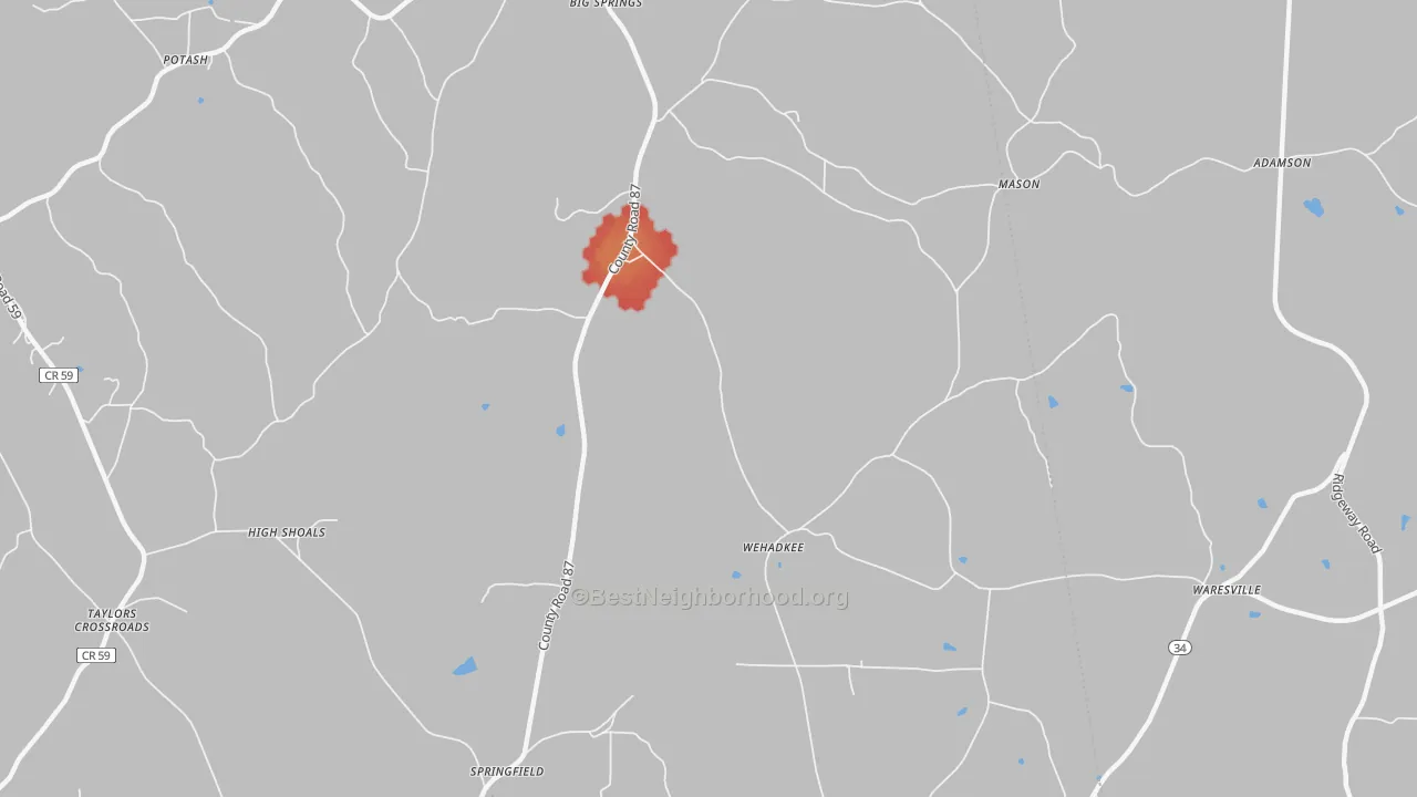Walk Grade map of Wehadkee, AL, walkable areas in green and car-dependent areas in red