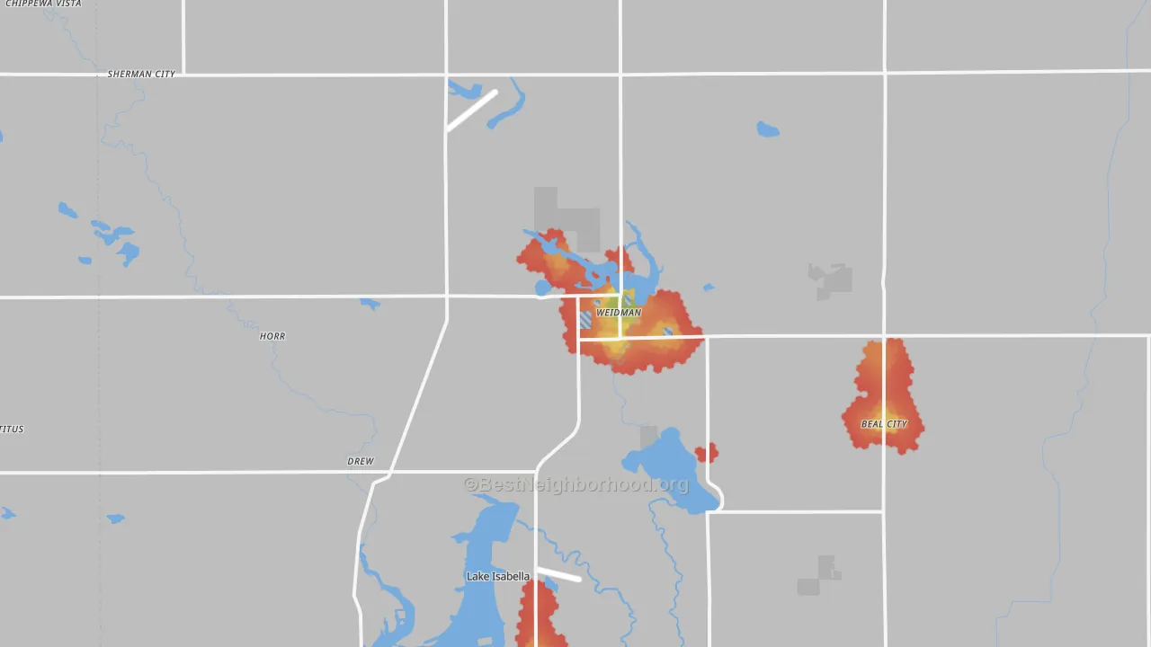 Walk Grade map of Weidman, MI, walkable areas in green and car-dependent areas in red