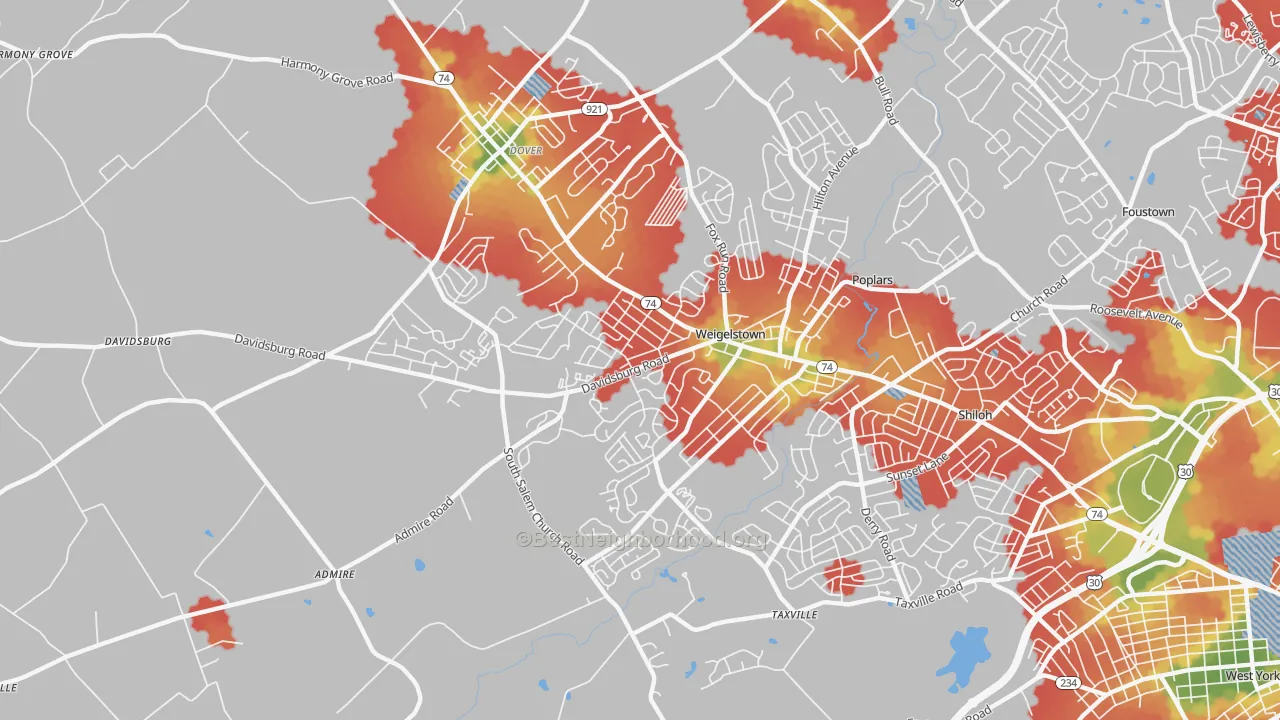 Walk Grade map of Weigelstown, PA, walkable areas in green and car-dependent areas in red