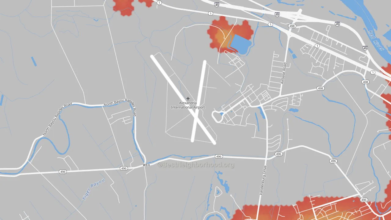 Walk Grade map of Weil, LA, walkable areas in green and car-dependent areas in red