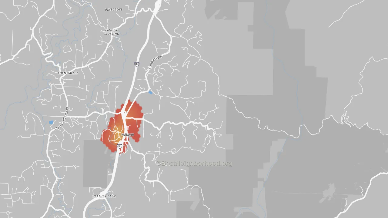 Walk Grade map of Weimar, CA, walkable areas in green and car-dependent areas in red