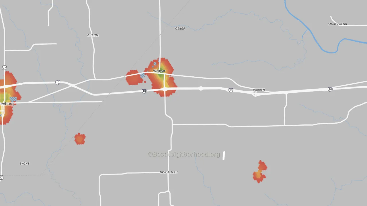 Walk Grade map of Weimar, TX, walkable areas in green and car-dependent areas in red