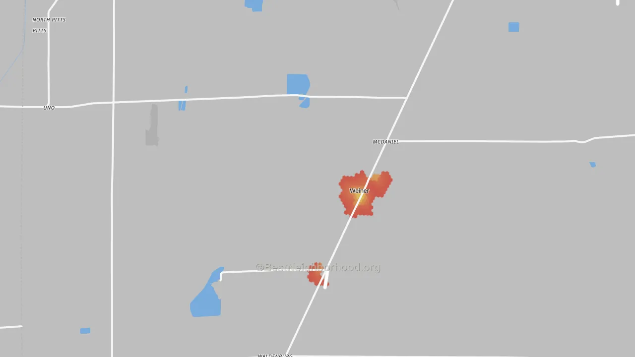 Walk Grade map of Weiner, AR, walkable areas in green and car-dependent areas in red