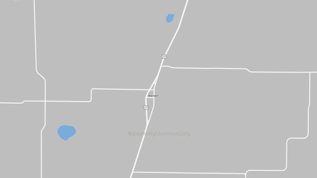 Walk Grade map of Weinert, TX, walkable areas in green and car-dependent areas in red