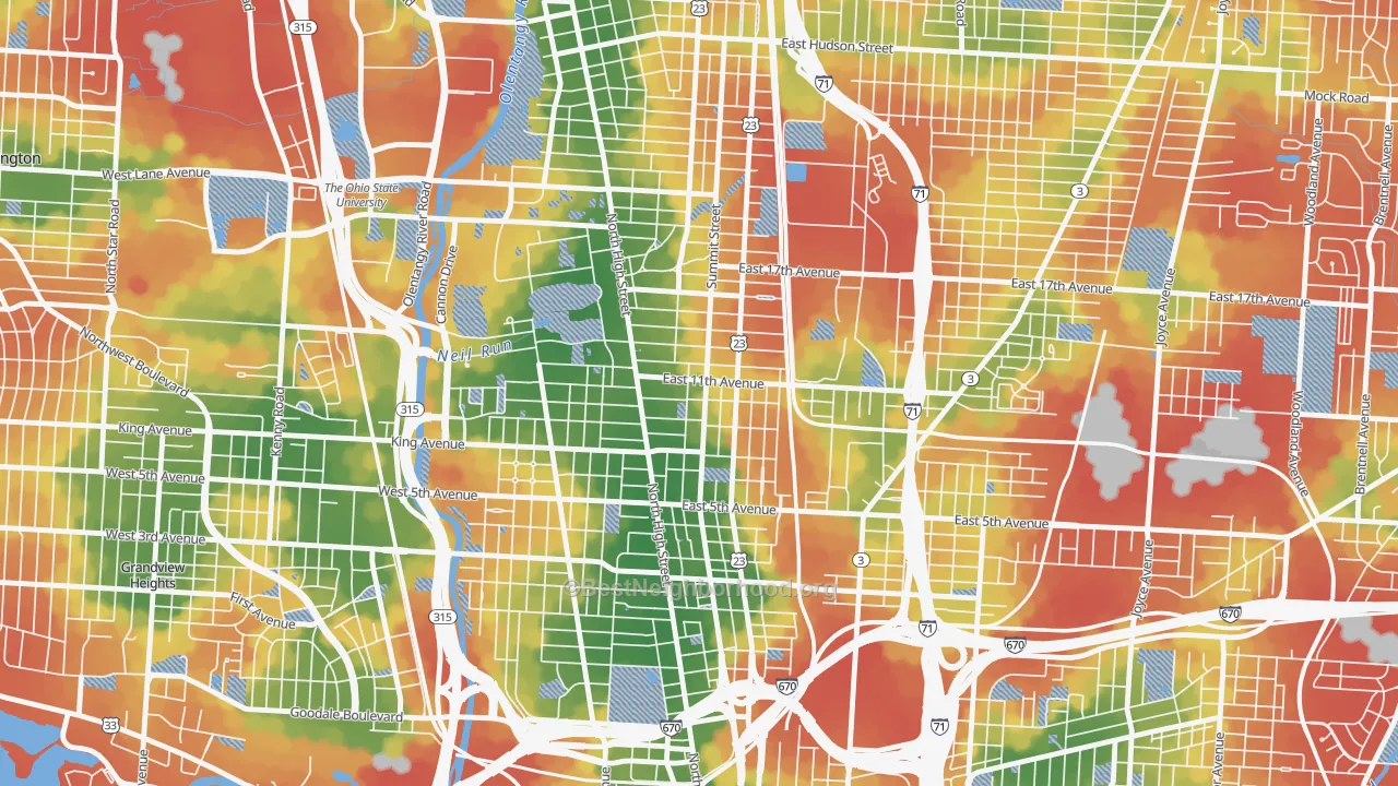 Walk Grade map of Weinland Park, Columbus, OH, walkable areas in green and car-dependent areas in red