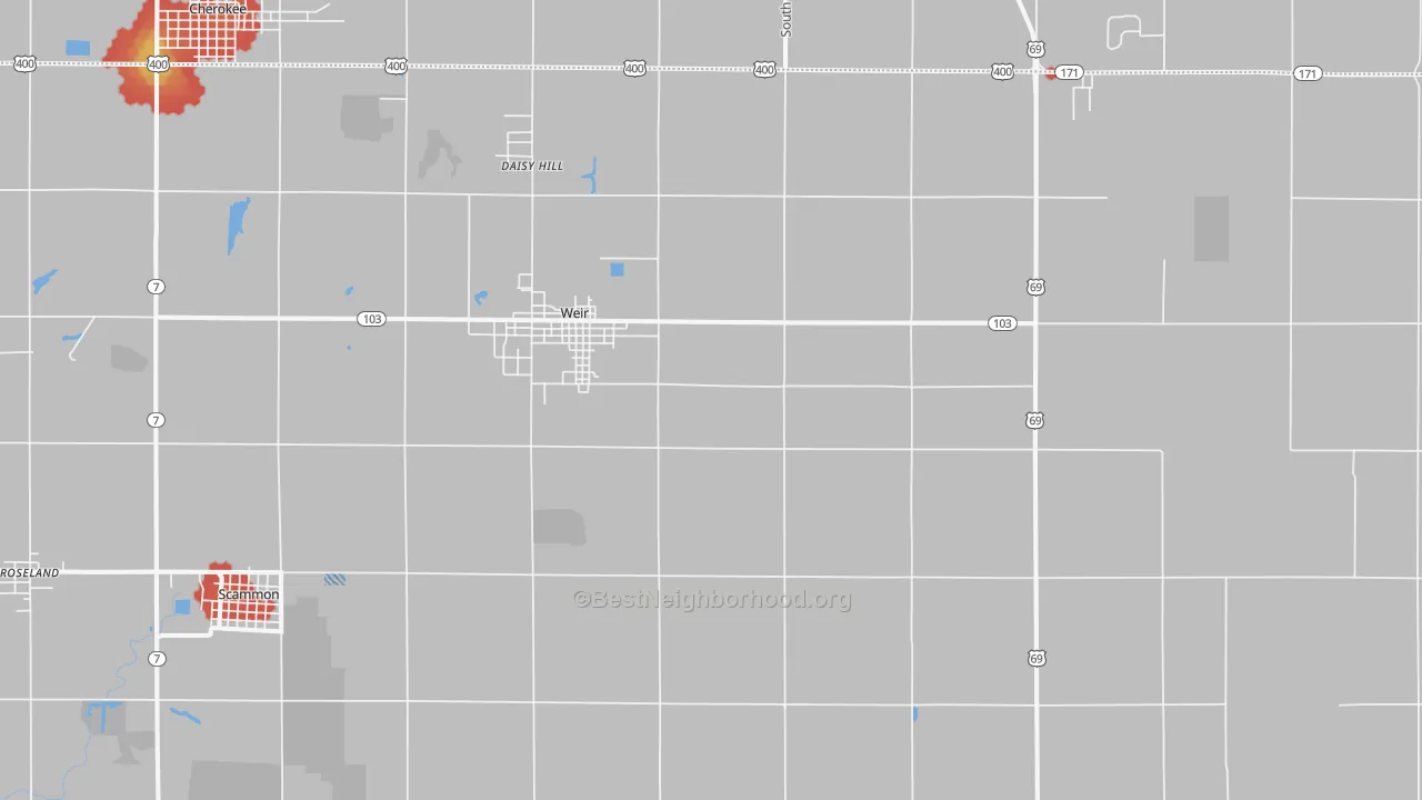 Walk Grade map of Weir, KS, walkable areas in green and car-dependent areas in red