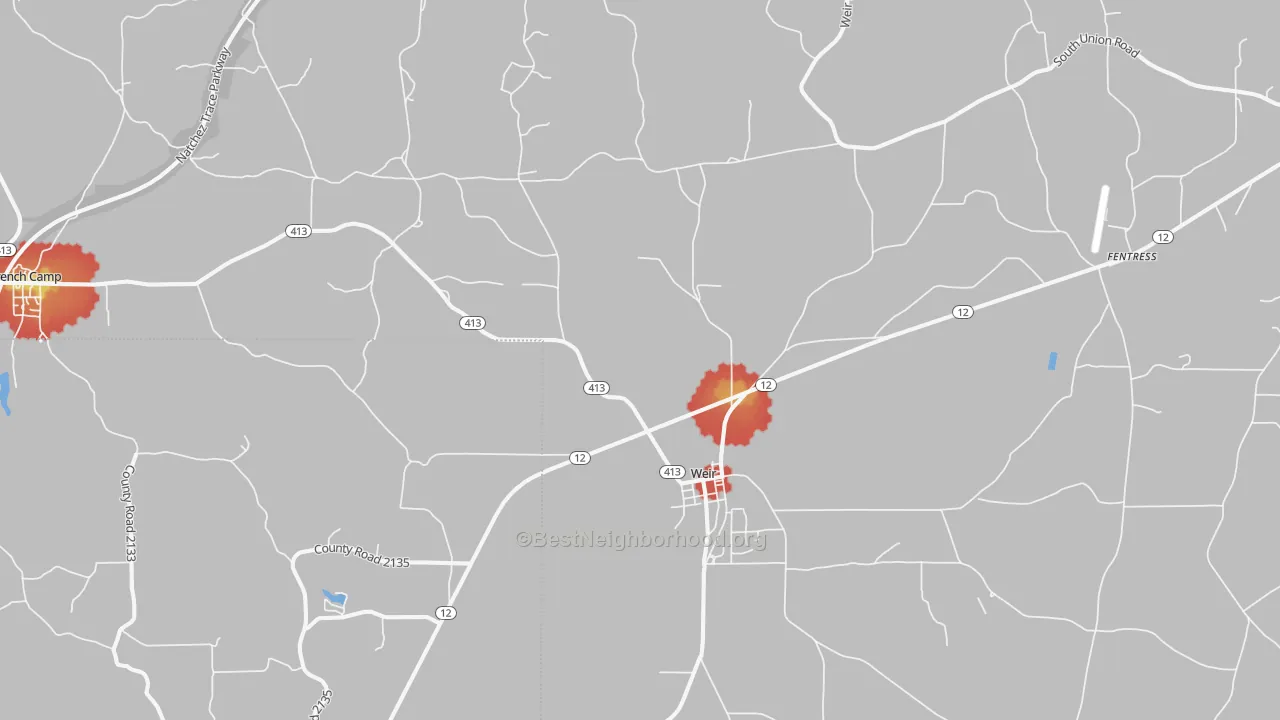 Walk Grade map of Weir, MS, walkable areas in green and car-dependent areas in red