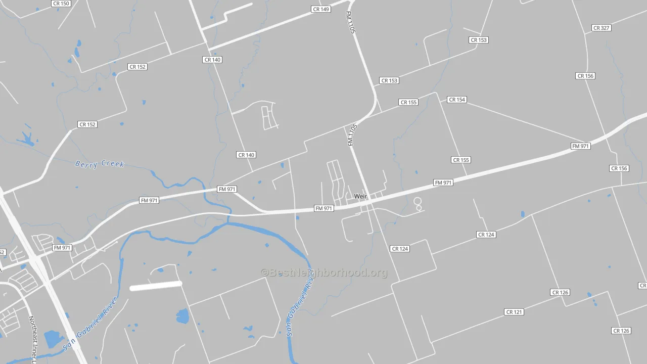 Walk Grade map of Weir, TX, walkable areas in green and car-dependent areas in red