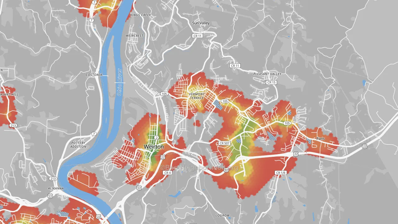 Walk Grade map of Weirton, WV, walkable areas in green and car-dependent areas in red