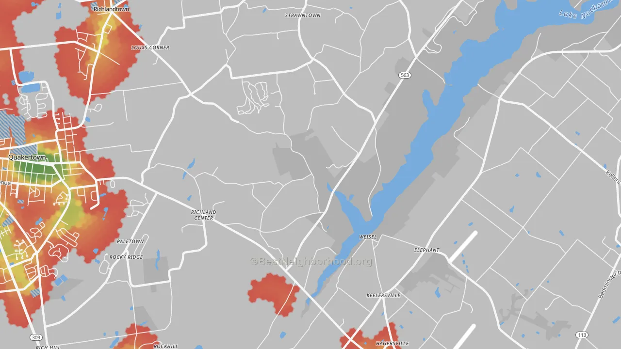 Walk Grade map of Weisel, PA, walkable areas in green and car-dependent areas in red