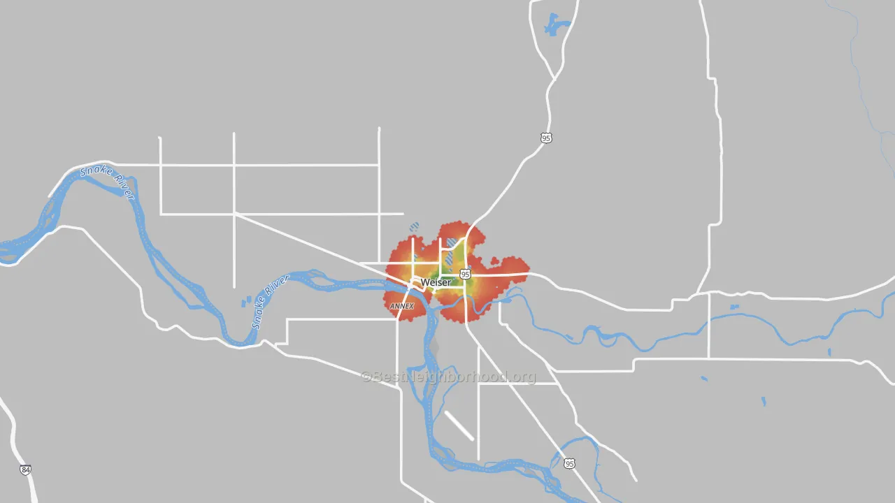 Walk Grade map of Weiser, ID, walkable areas in green and car-dependent areas in red