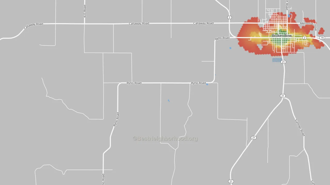 Walk Grade map of Weissert, NE, walkable areas in green and car-dependent areas in red