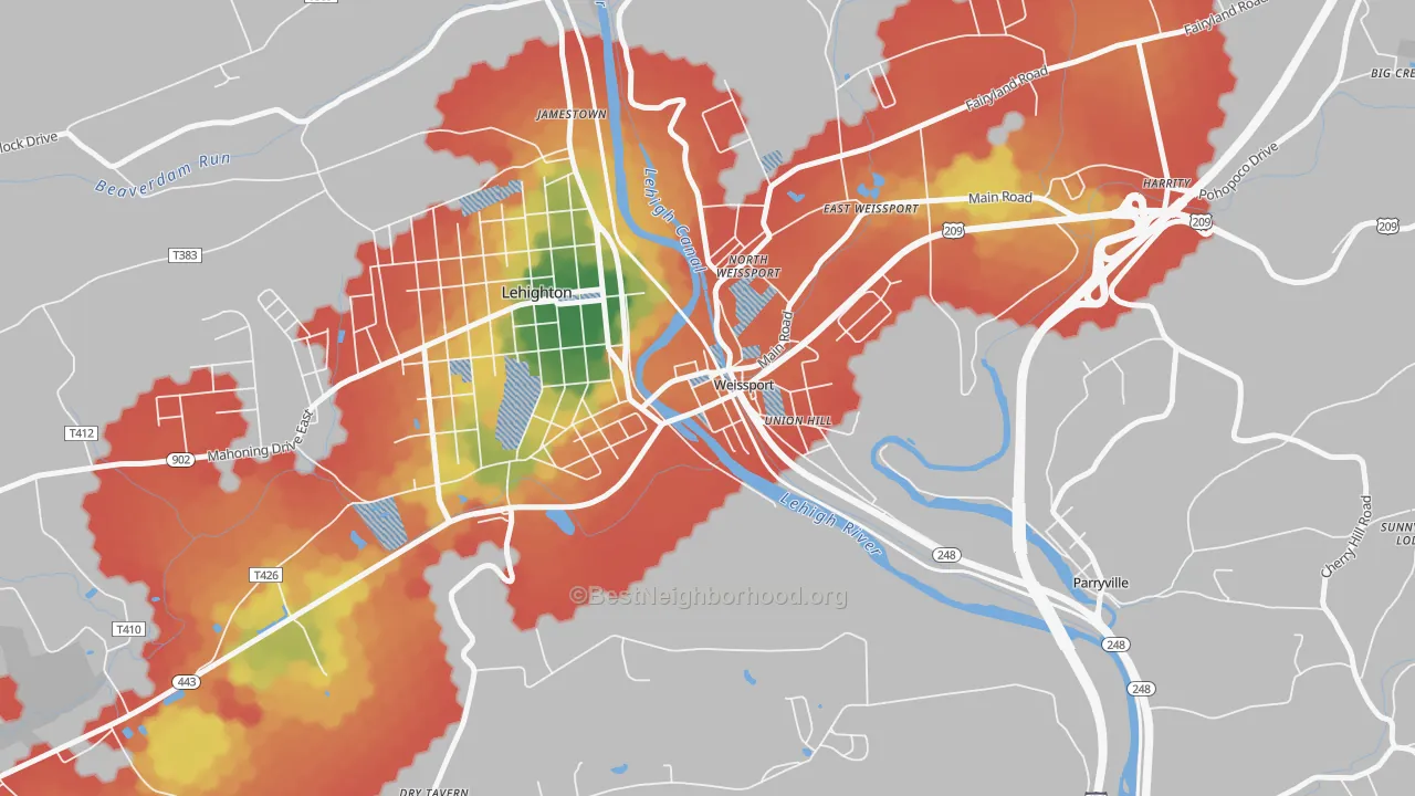 Walk Grade map of Weissport, PA, walkable areas in green and car-dependent areas in red