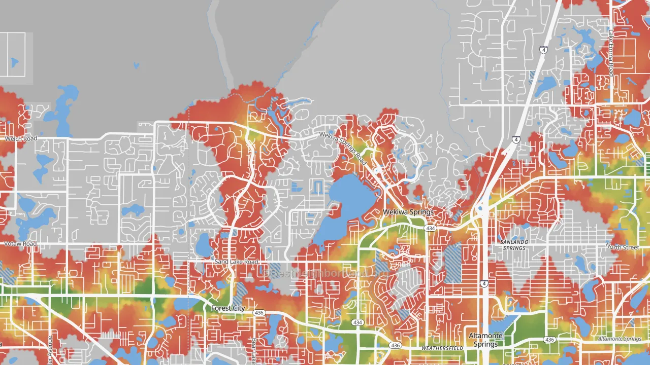 Walk Grade map of Wekiwa Springs, FL, walkable areas in green and car-dependent areas in red