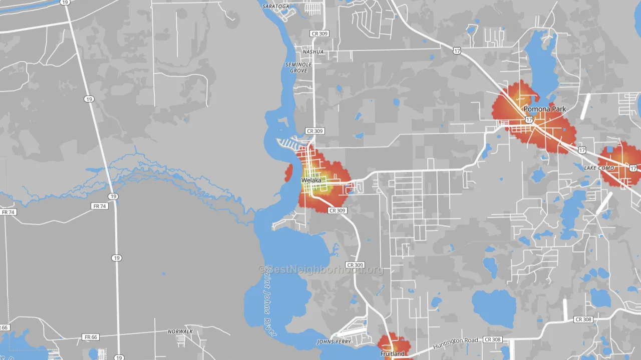 Walk Grade map of Welaka, FL, walkable areas in green and car-dependent areas in red