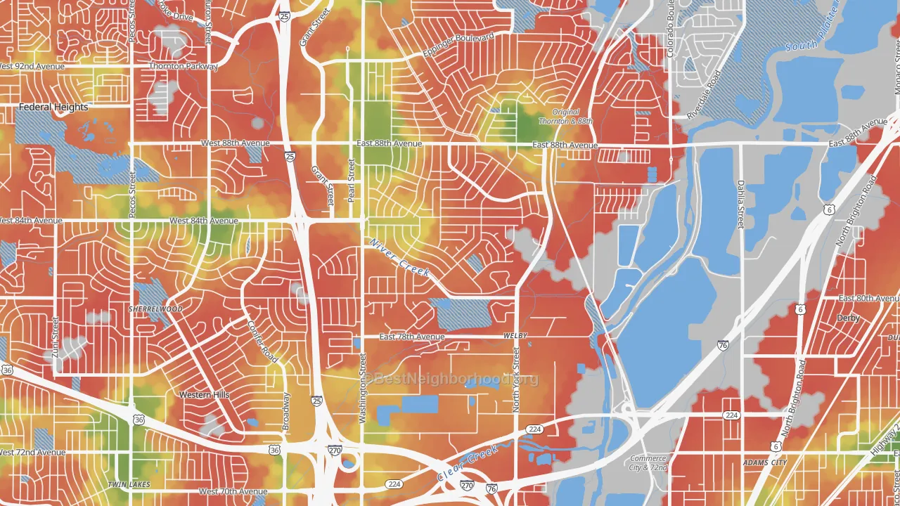 Walk Grade map of Welby, CO, walkable areas in green and car-dependent areas in red