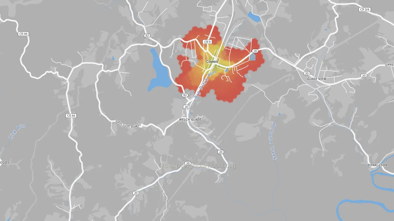 Walk Grade map of Welch Glade, WV, walkable areas in green and car-dependent areas in red