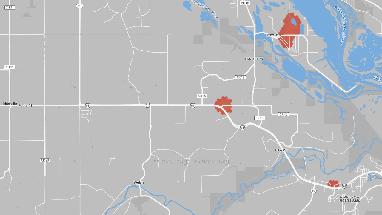 Walk Grade map of Welch, MN, walkable areas in green and car-dependent areas in red