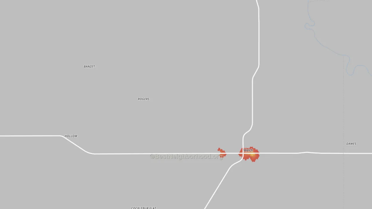 Walk Grade map of Welch, OK, walkable areas in green and car-dependent areas in red