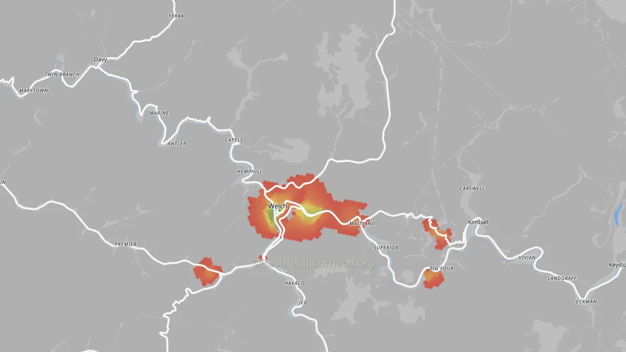 Walk Grade map of Welch, WV, walkable areas in green and car-dependent areas in red