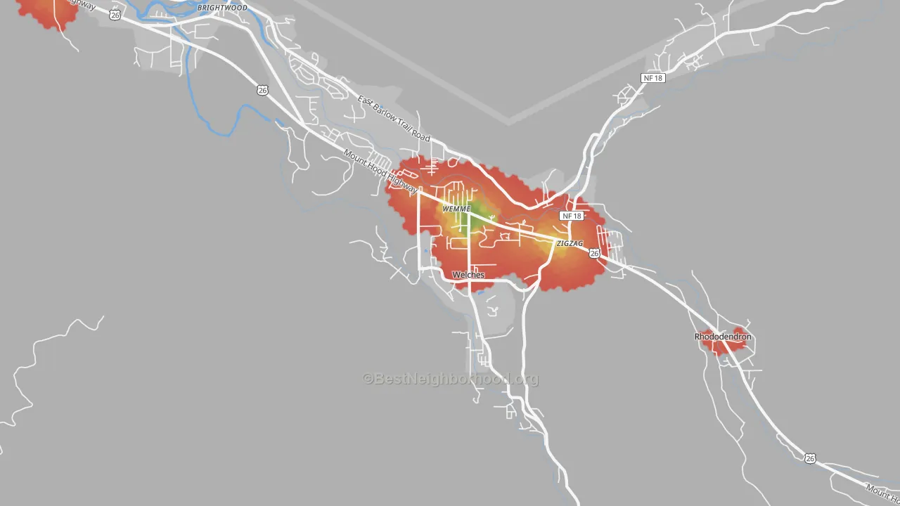 Walk Grade map of Welches, OR, walkable areas in green and car-dependent areas in red
