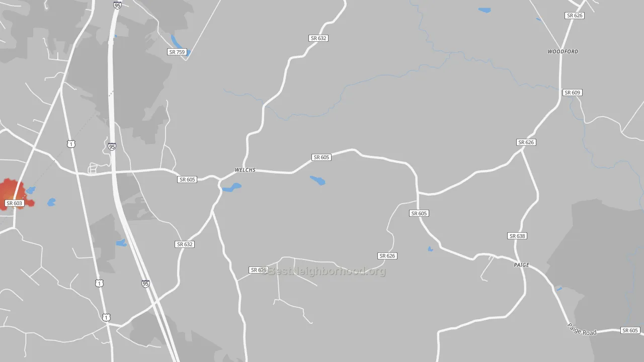 Walk Grade map of Welchs, VA, walkable areas in green and car-dependent areas in red