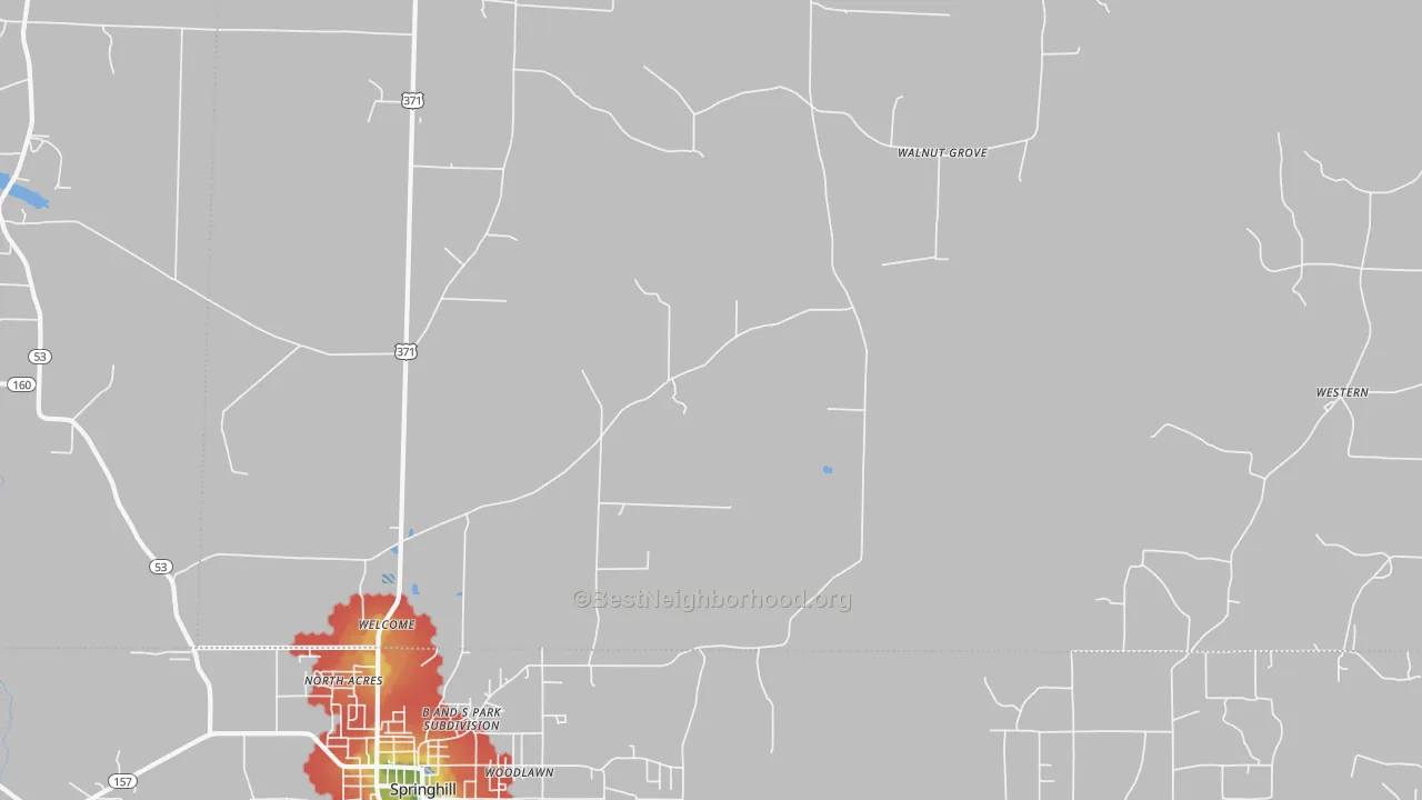 Walk Grade map of Welcome, AR, walkable areas in green and car-dependent areas in red