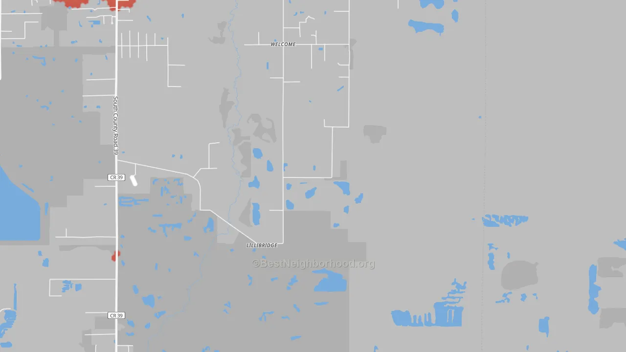 Walk Grade map of Welcome, FL, walkable areas in green and car-dependent areas in red