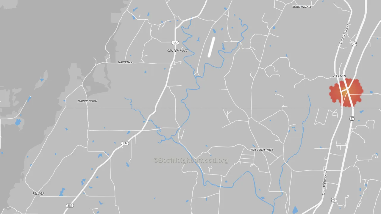 Walk Grade map of Welcome Hill, GA, walkable areas in green and car-dependent areas in red