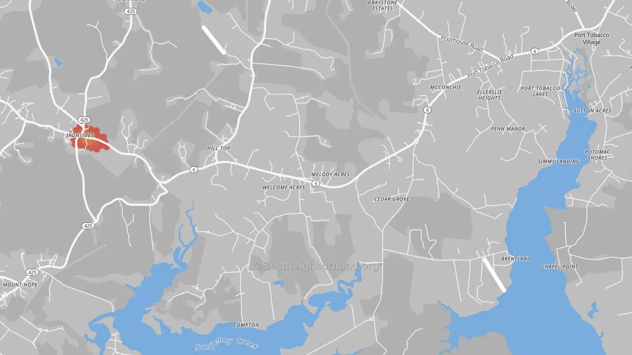 Walk Grade map of Welcome, MD, walkable areas in green and car-dependent areas in red