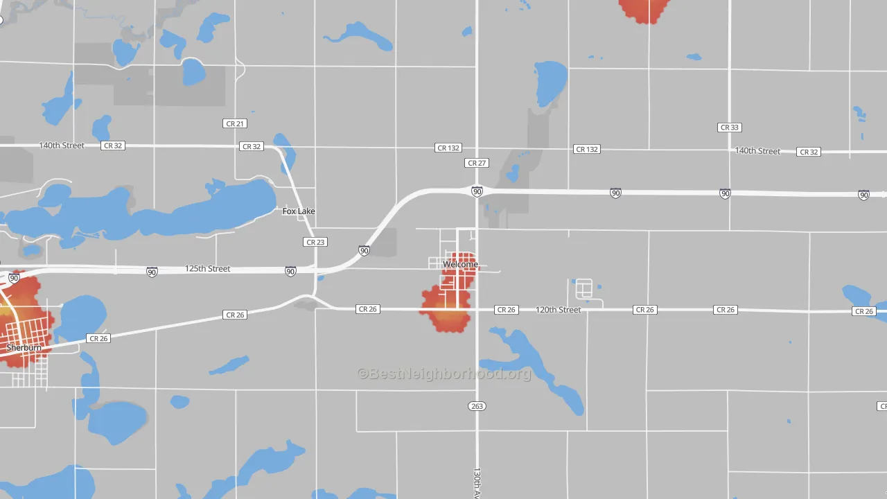 Walk Grade map of Welcome, MN, walkable areas in green and car-dependent areas in red