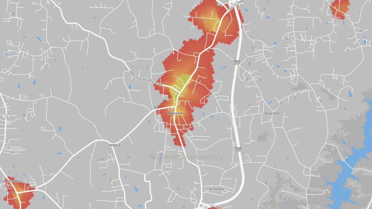 Walk Grade map of Welcome, NC, walkable areas in green and car-dependent areas in red