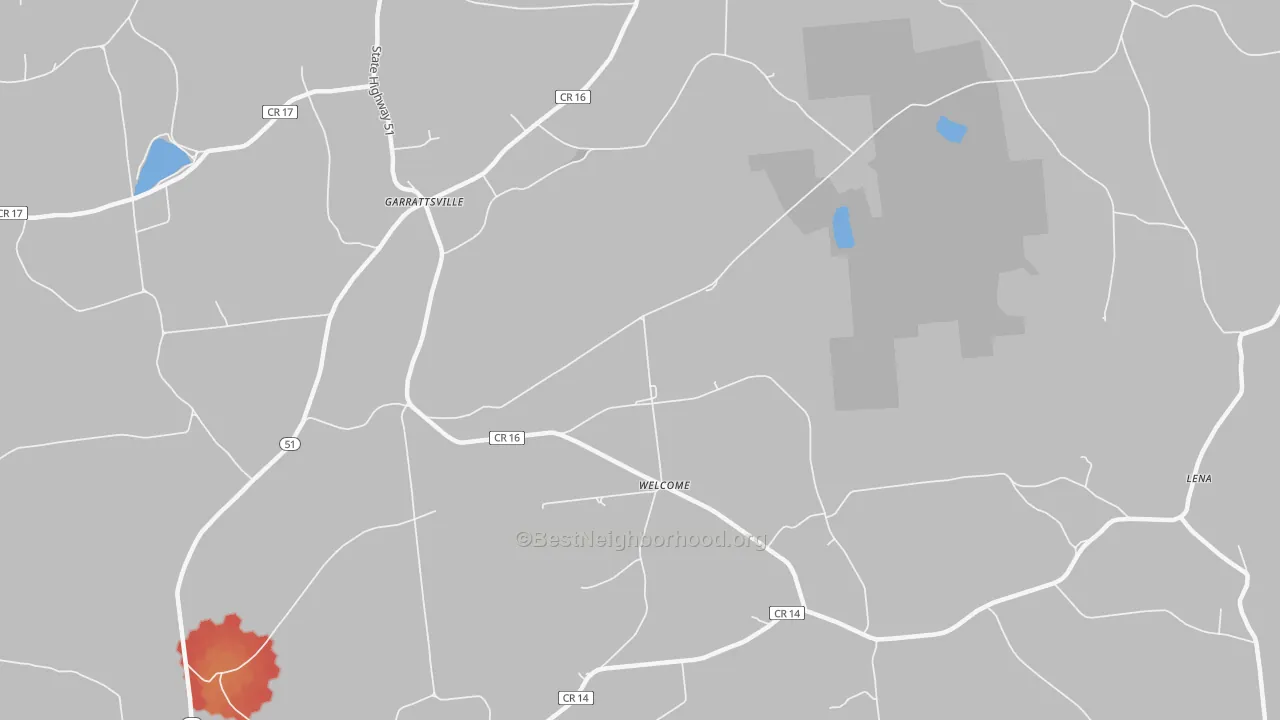 Walk Grade map of Welcome, NY, walkable areas in green and car-dependent areas in red