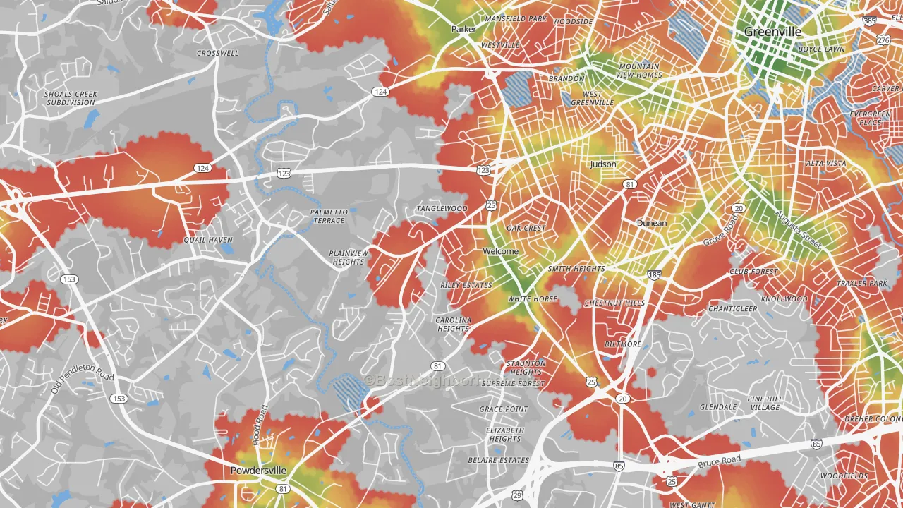 Walk Grade map of Welcome, SC, walkable areas in green and car-dependent areas in red
