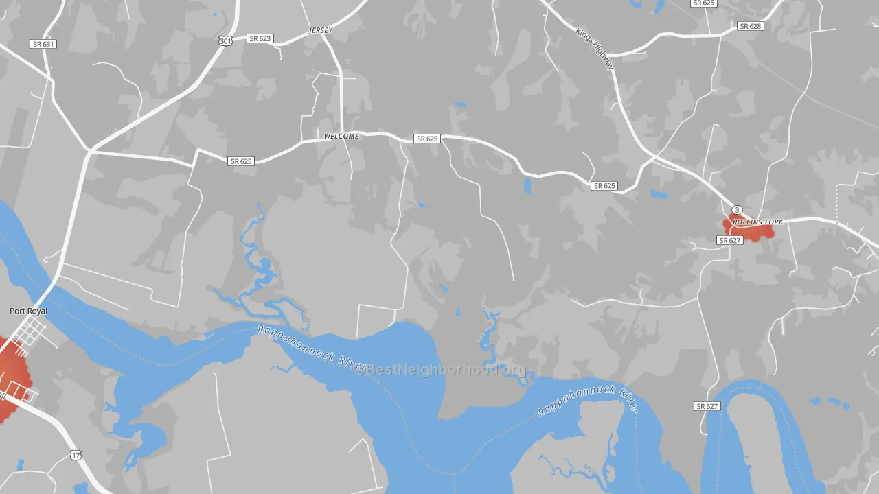 Walk Grade map of Welcome, VA, walkable areas in green and car-dependent areas in red