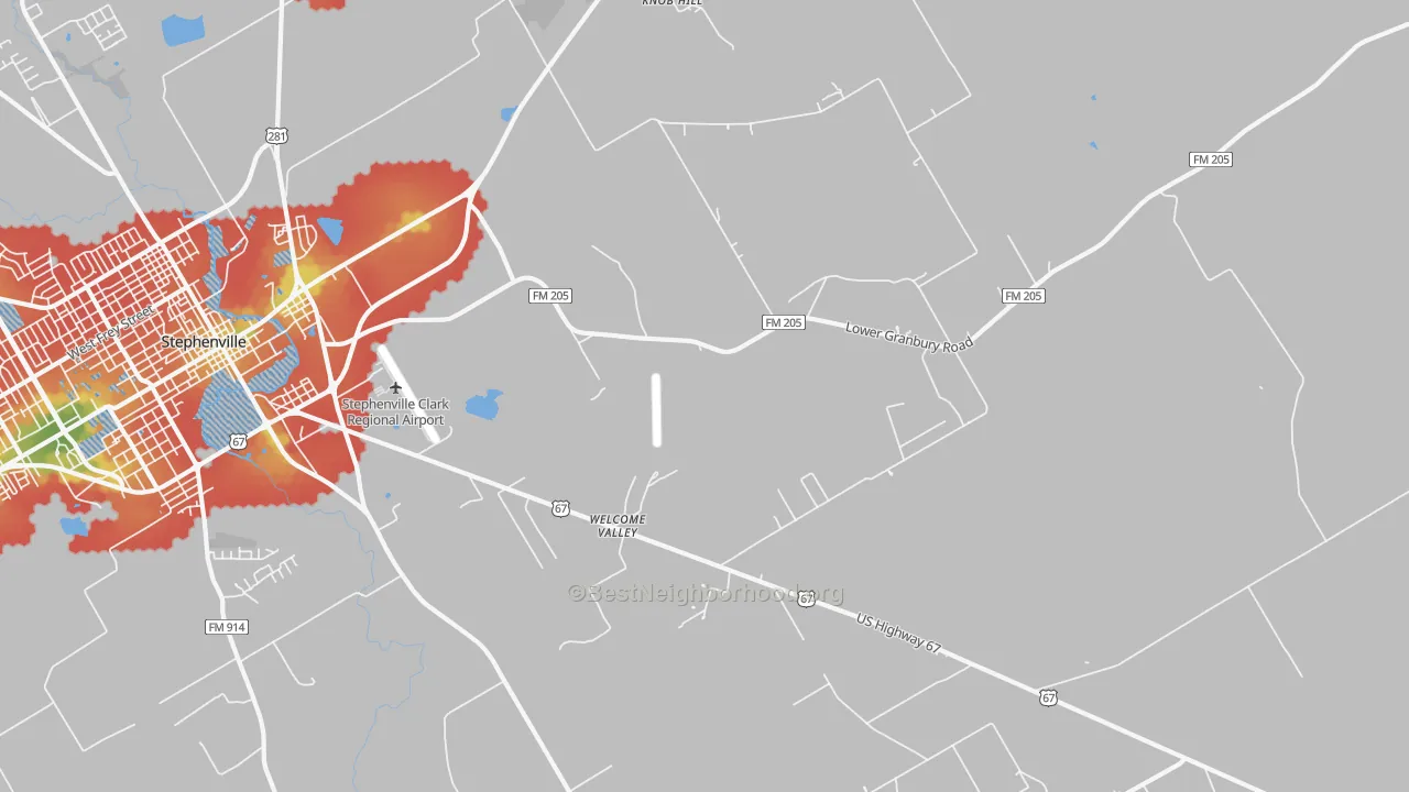 Walk Grade map of Welcome Valley, TX, walkable areas in green and car-dependent areas in red