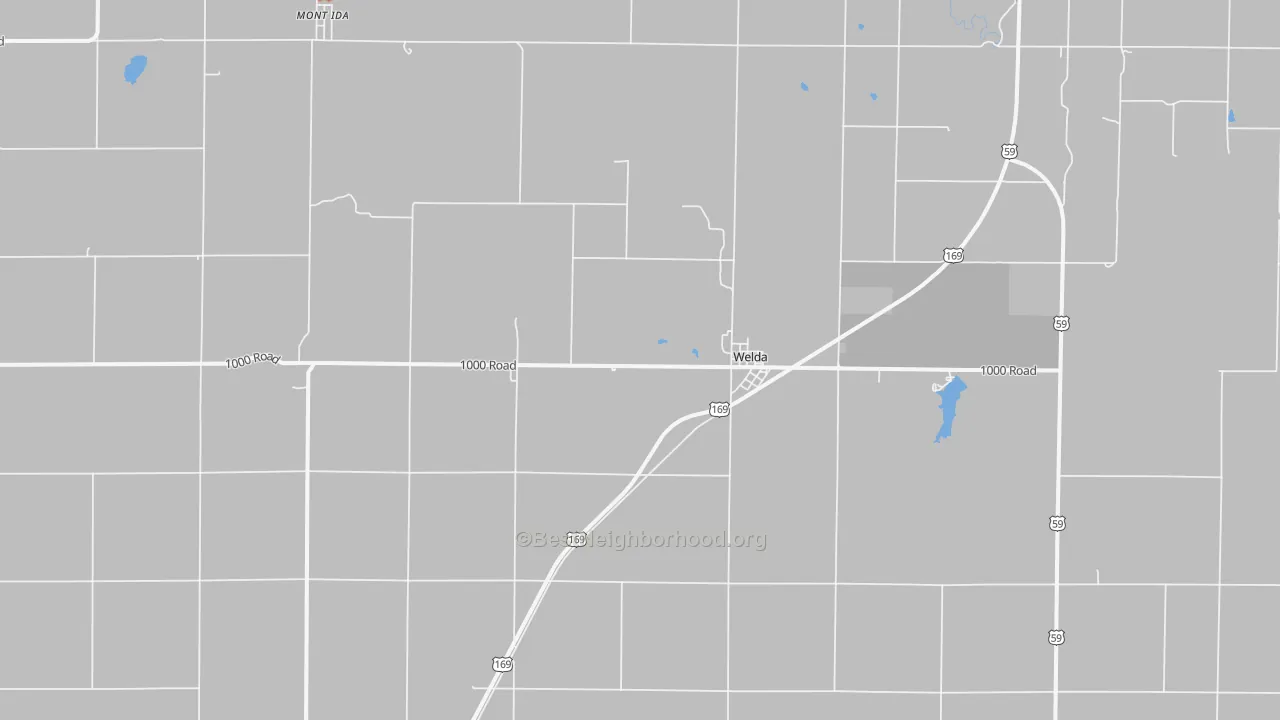 Walk Grade map of Welda, KS, walkable areas in green and car-dependent areas in red
