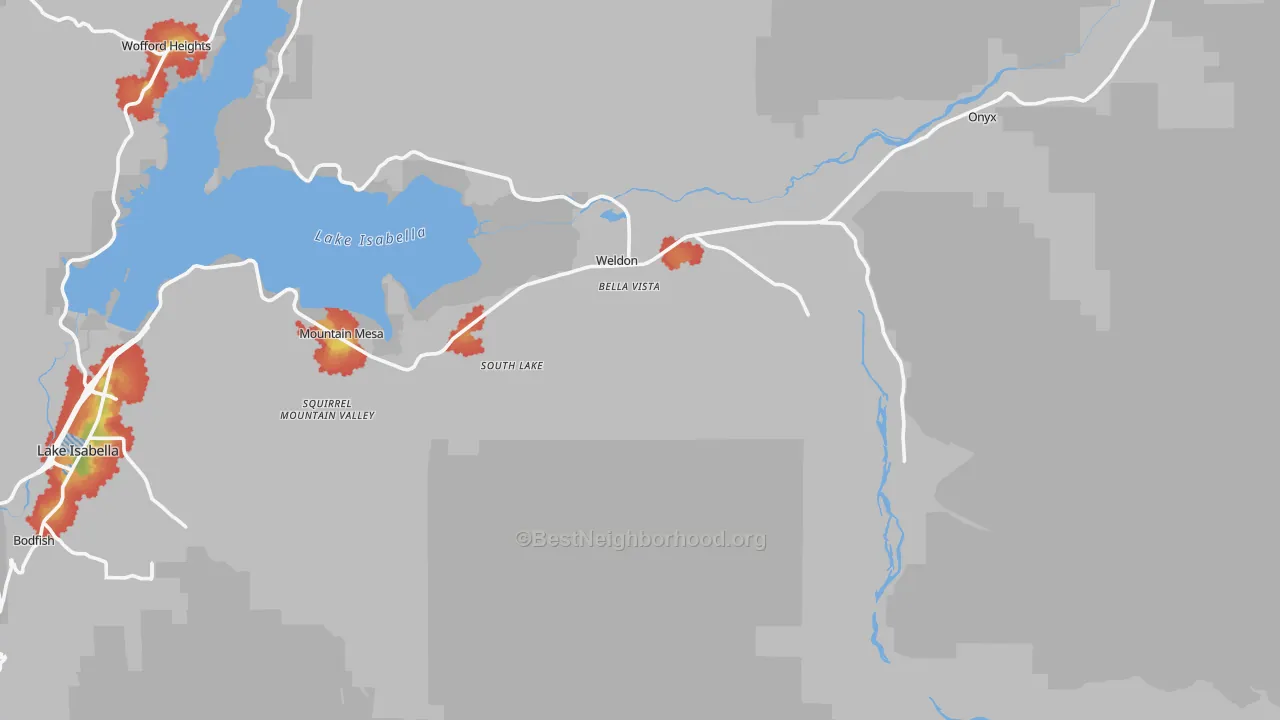 Walk Grade map of Weldon, CA, walkable areas in green and car-dependent areas in red