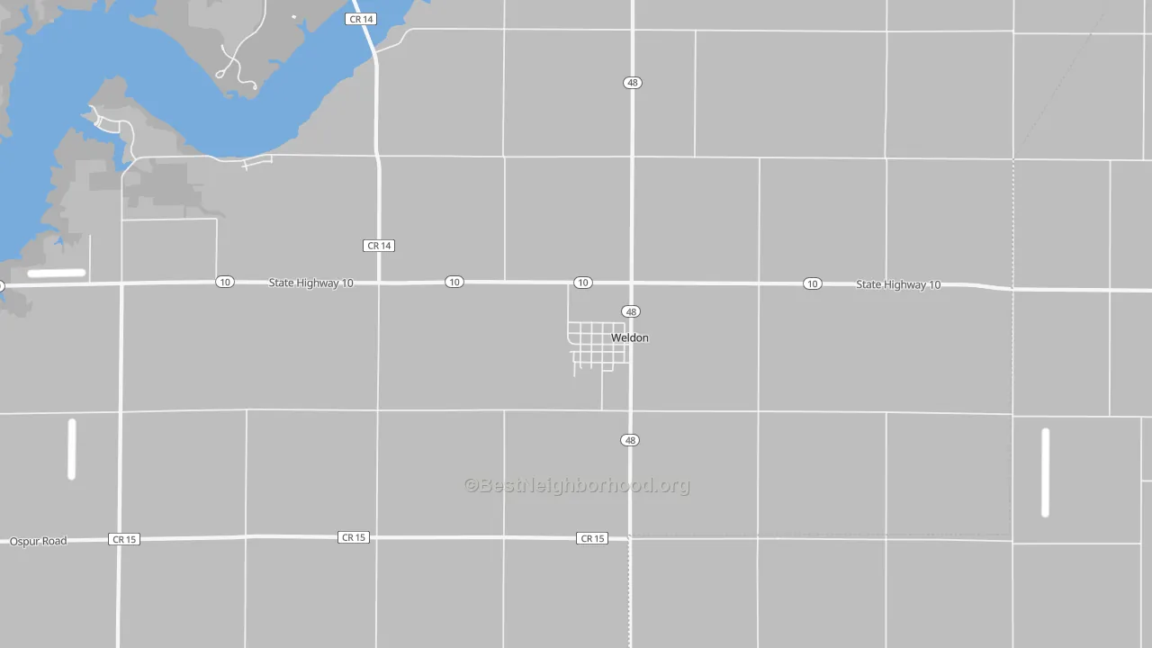 Walk Grade map of Weldon, IL, walkable areas in green and car-dependent areas in red