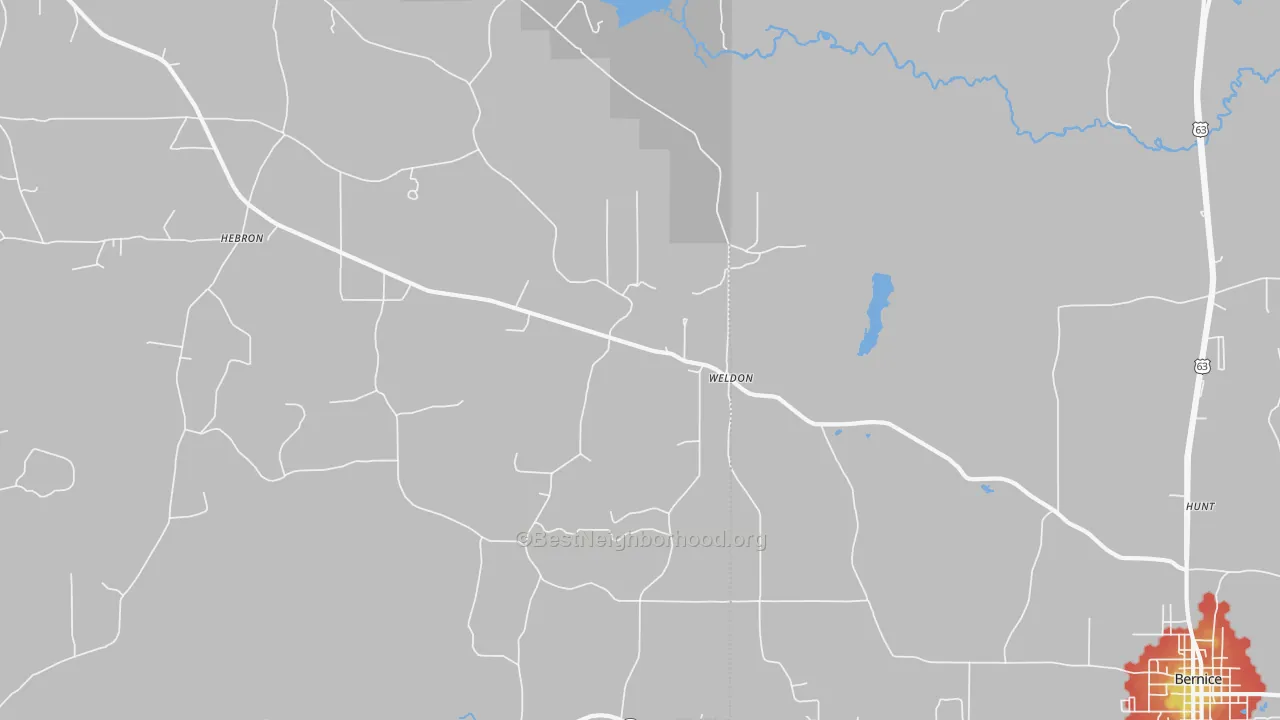 Walk Grade map of Weldon, LA, walkable areas in green and car-dependent areas in red