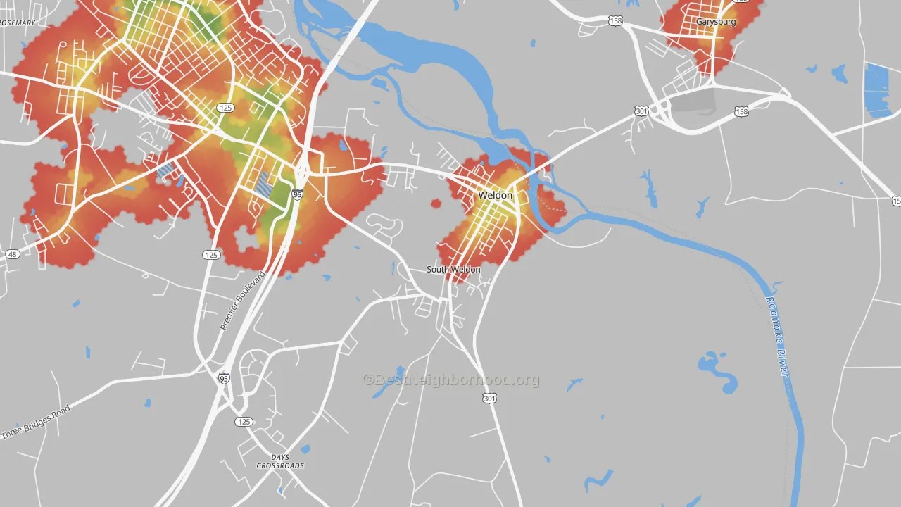 Walk Grade map of Weldon, NC, walkable areas in green and car-dependent areas in red