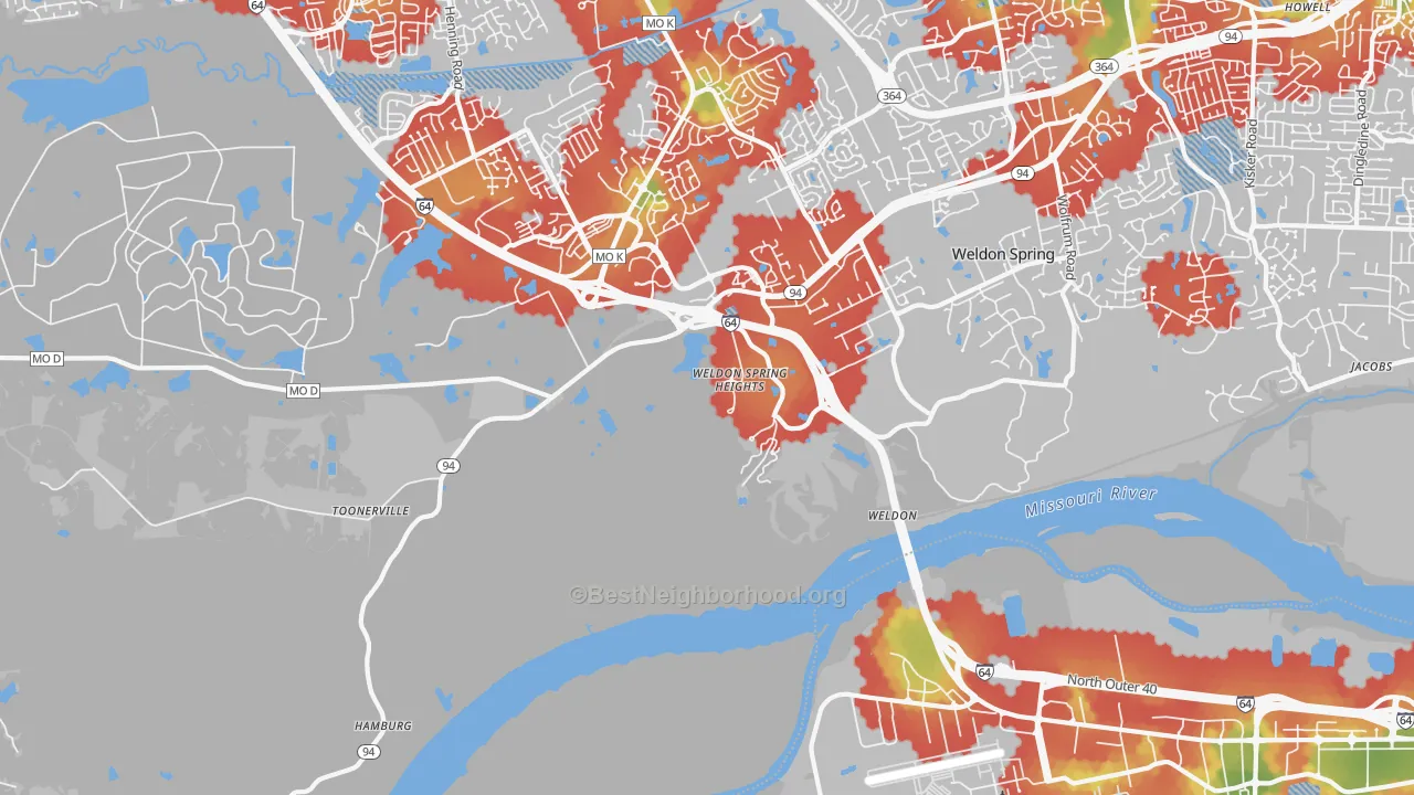 Walk Grade map of Weldon Spring Heights, MO, walkable areas in green and car-dependent areas in red