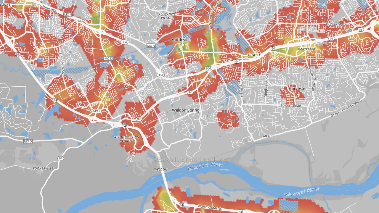 Walk Grade map of Weldon Spring, MO, walkable areas in green and car-dependent areas in red