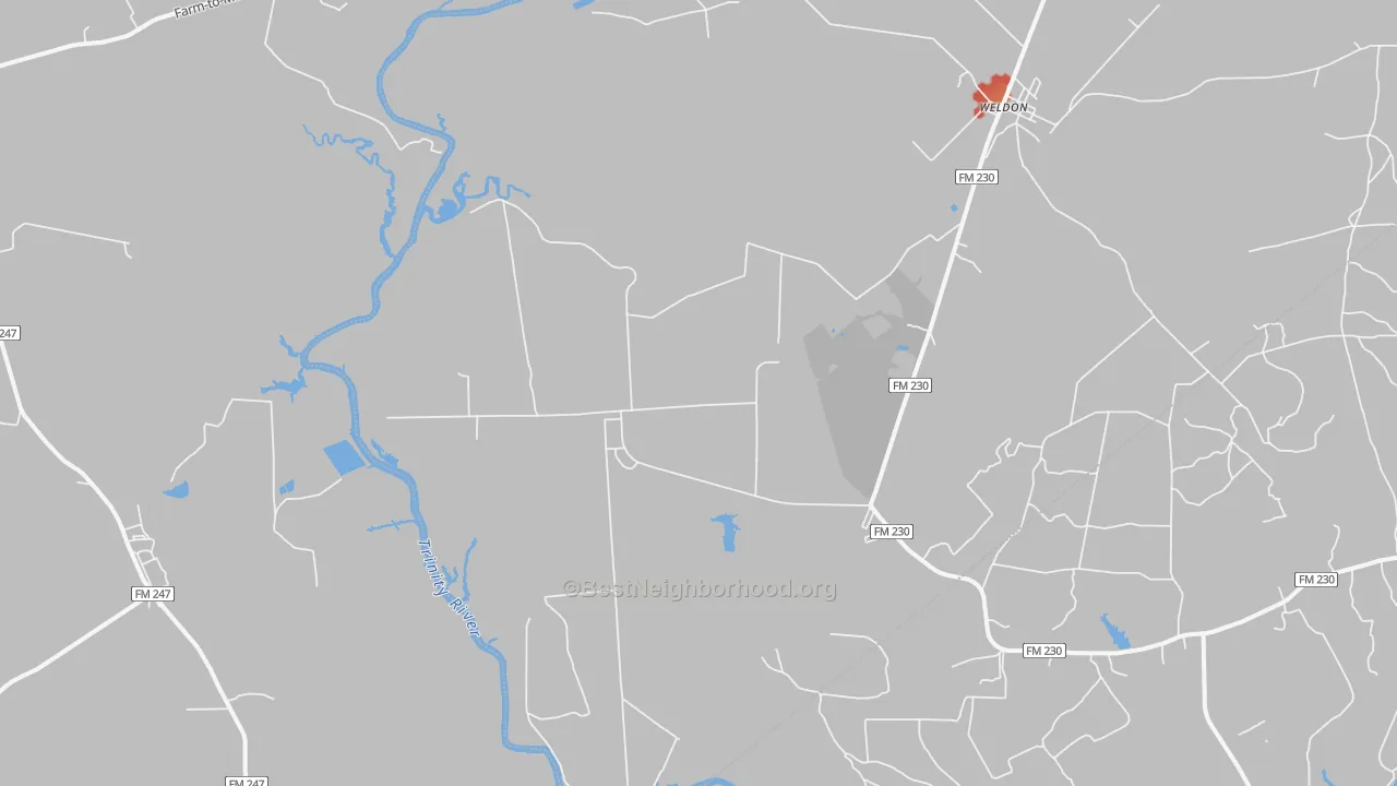 Walk Grade map of Weldon, TX, walkable areas in green and car-dependent areas in red