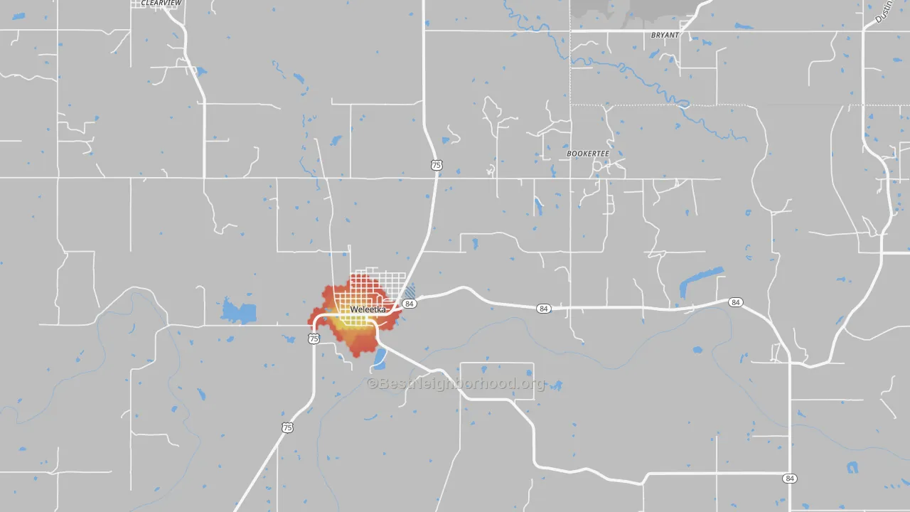 Walk Grade map of Weleetka, OK, walkable areas in green and car-dependent areas in red