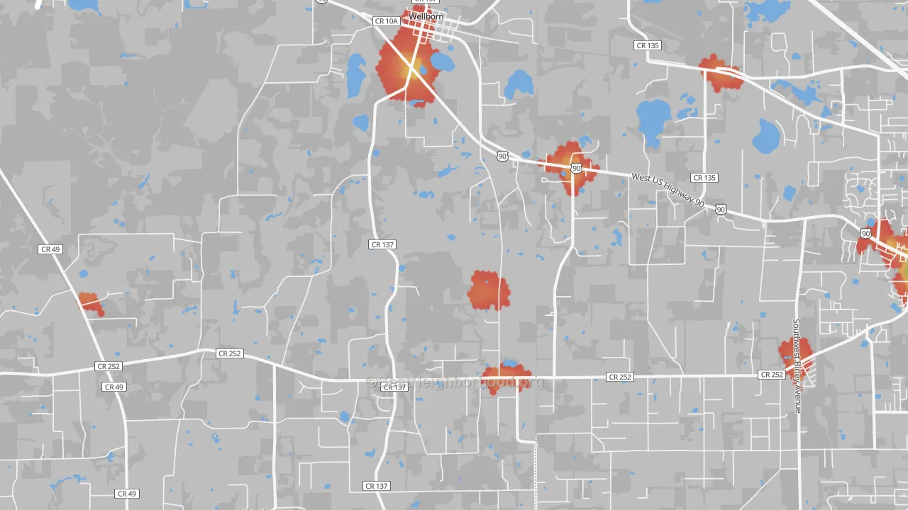 Walk Grade map of Wellborn, FL, walkable areas in green and car-dependent areas in red