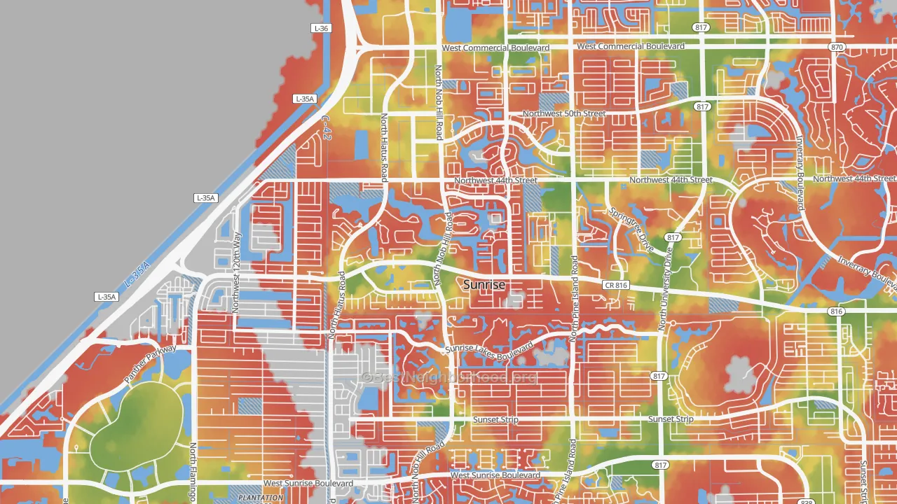 Walk Grade map of Welleby, Sunrise, FL, walkable areas in green and car-dependent areas in red