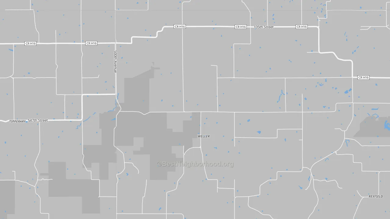 Walk Grade map of Weller, IA, walkable areas in green and car-dependent areas in red