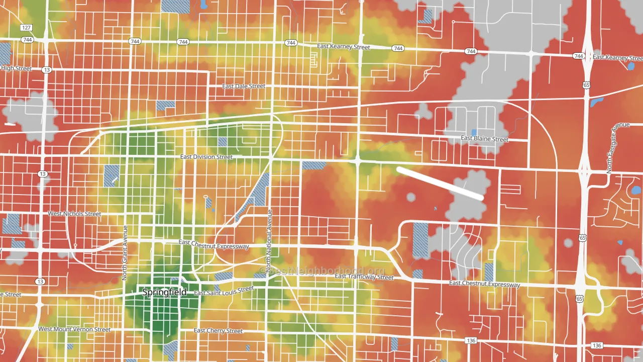 Walk Grade map of Weller, Springfield, MO, walkable areas in green and car-dependent areas in red
